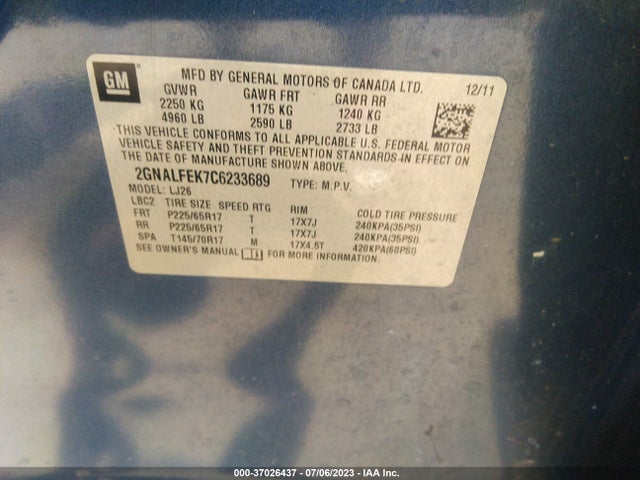 2012 CHEVROLET EQUINOX LTZ VIN: 2GNALFEK7C6233689