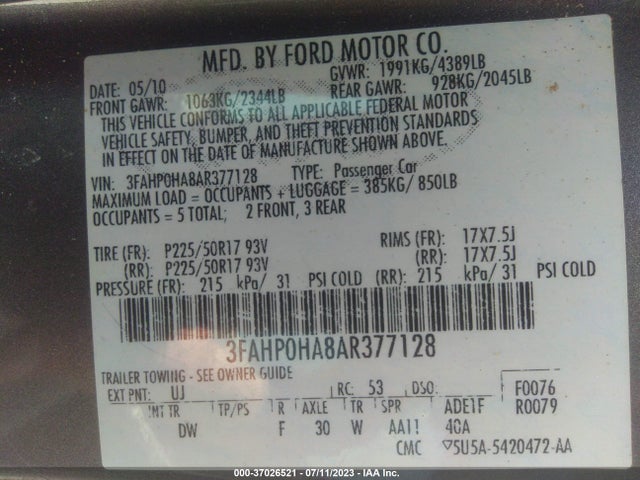 2010 FORD FUSION SE VIN: 3FAHP0HA8AR377128