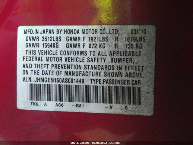 2010 HONDA FIT SPORT VIN: JHMGE8H60AS001449