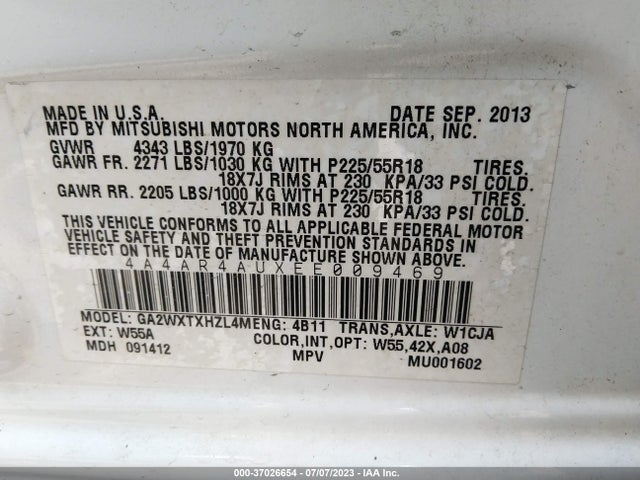 4A4AR4AUXEE009469 Mitsubishi Outlander Sport Se