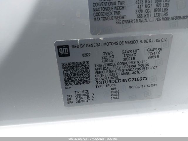 3GTU9DED4NG216673 GMC Sierra 1500 Limited Slt