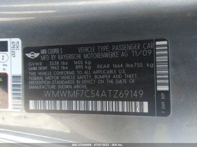2010 MINI COOPER HARDTOP WMWMF7C54ATZ69149 Photo 8