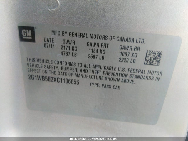 2012 CHEVROLET IMPALA LT RETAIL VIN: 2G1WB5E3XC1106655