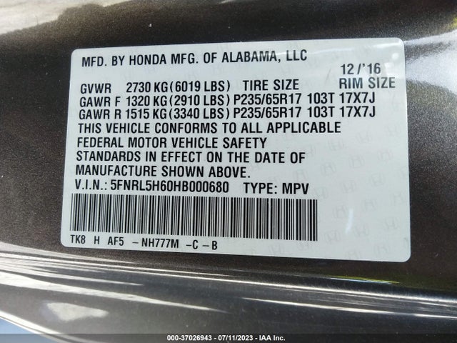 Honda Odyssey Ex-l 2017 5FNRL5H60HB000680 Image 9