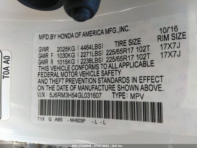 Honda CR-V EX 2016 5J6RM3H54GL031607 Image 9