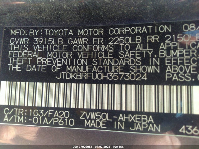 Toyota Prius Two/two Eco/three 2017 JTDKBRFU0H3573024 Image 9