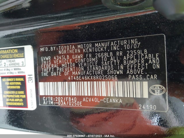 2008 TOYOTA CAMRY VIN: 4T4BE46KX8R025066