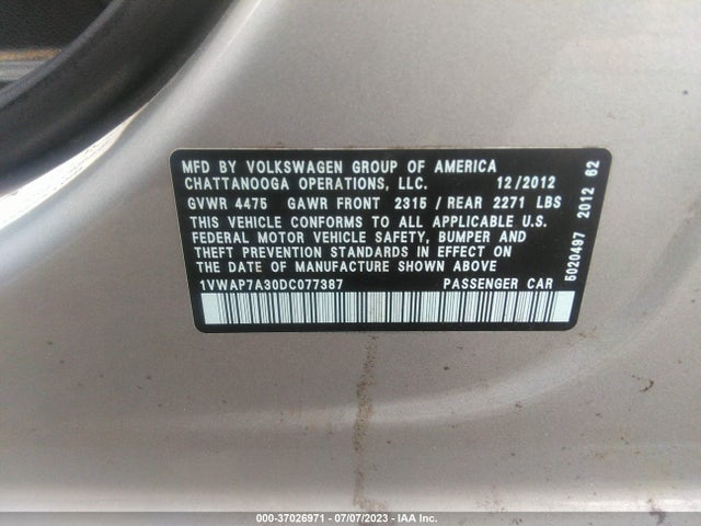 2013 VOLKSWAGEN PASSAT S W/APPEARANCE VIN: 1VWAP7A30DC077387