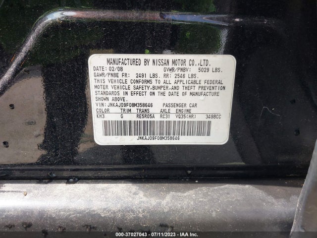 Aukcja sprzedaży 2008 Infiniti Ex35 Journey, vin: JNKAJ09F08M358646, numer aukcji: 37027043
