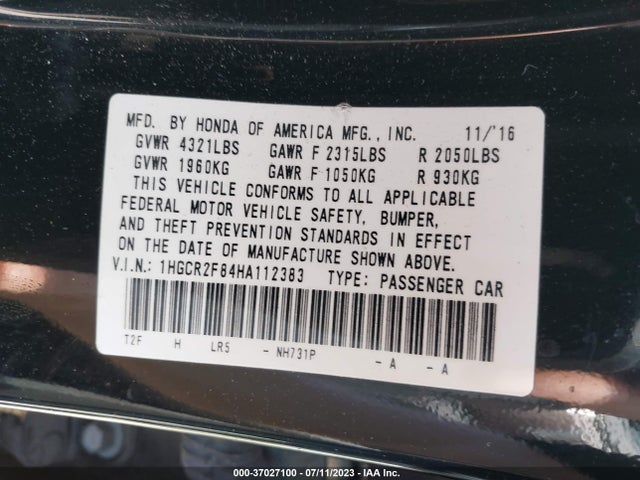 Honda ACCORD EXL 2017 1HGCR2F84HA112383 Image 9
