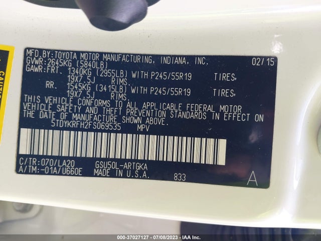 Toyota Highlander Limited 2015 5TDYKRFH2FS069535 Image 9