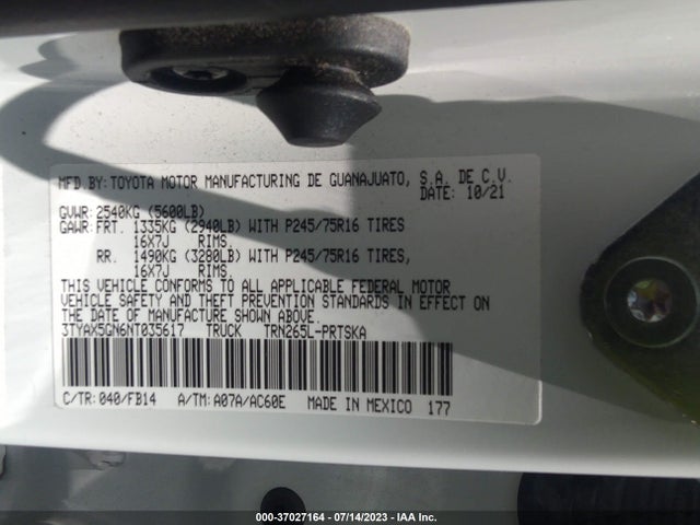 2022 TOYOTA TACOMA 2WD SR/SR5 VIN: 3TYAX5GN6NT035617