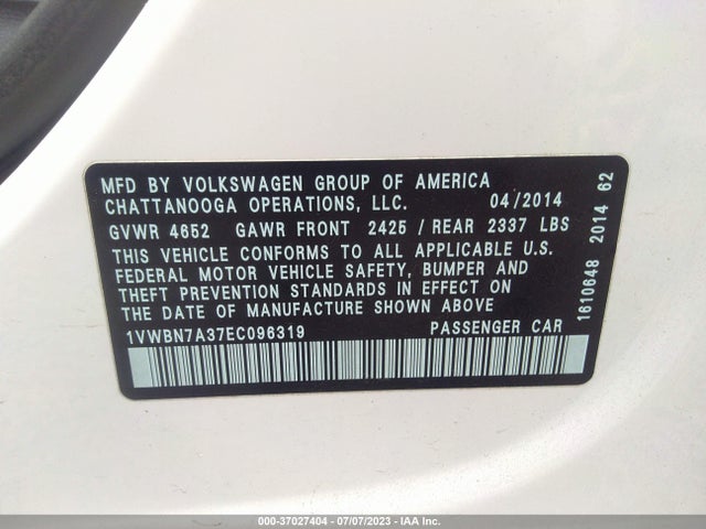 1VWBN7A37EC096319 Volkswagen Passat Tdi Se W/sunroof