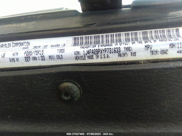 2000 JEEP WRANGLER SE VIN: 1J4FA29PXYP731633