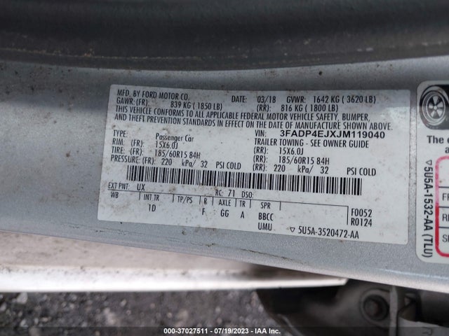 2018 FORD FIESTA SE VIN: 3FADP4EJXJM119040