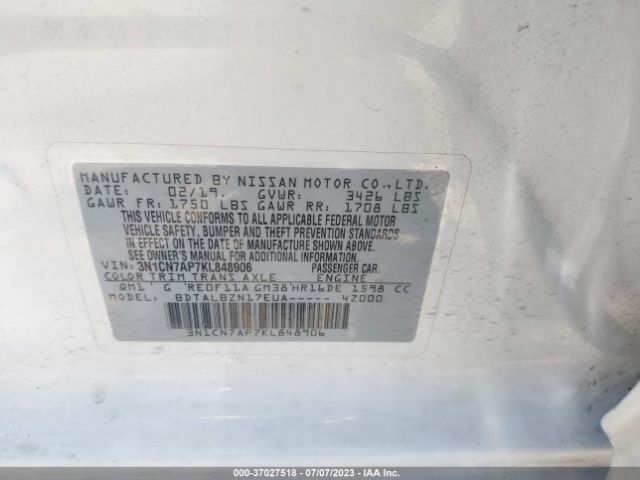 3N1CN7AP7KL848906 Nissan Versa Sedan Sv