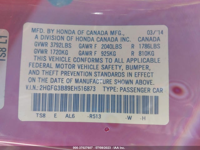 Honda Civic Coupe Ex 2014 2HGFG3B89EH516873 Image 9