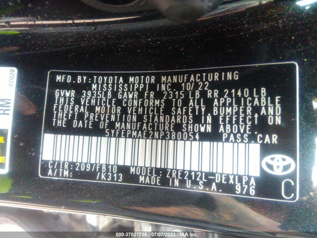 2022 TOYOTA COROLLA LE VIN: 5YFEPMAE2NP380054