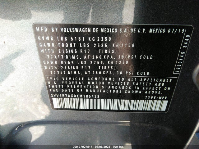 3VV1B7AX0KM185428 Volkswagen TIGUAN S
