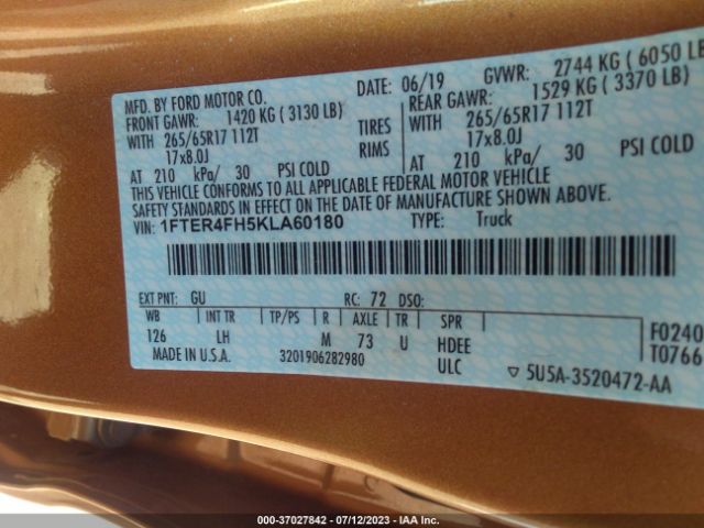 1FTER4FH5KLA60180 Ford Ranger Xl/xlt/lariat