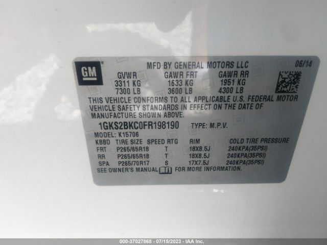 1GKS2BKC0FR198190 GMC YUKON SLT