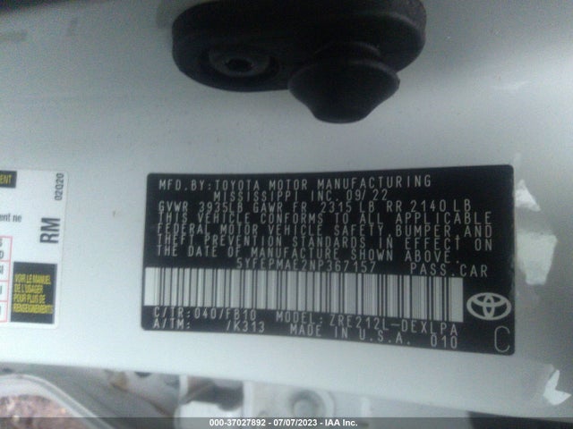 Aukcja sprzedaży 2022 Toyota Corolla Le, vin: 5YFEPMAE2NP367157, numer aukcji: 37027892