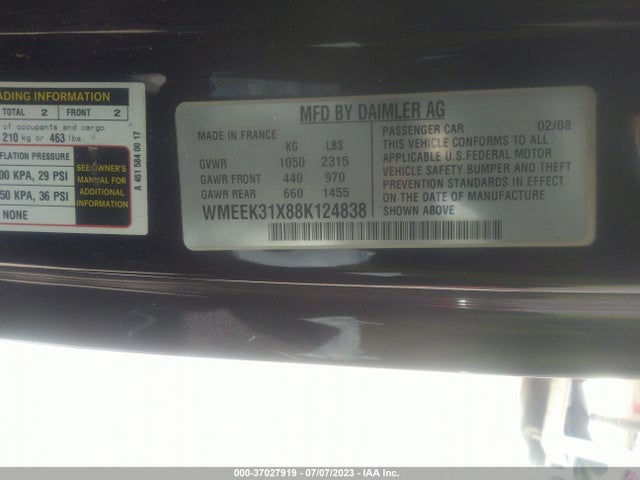 2008 SMART FORTWO PASSION VIN: WMEEK31X88K124838