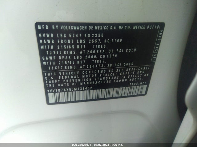3VV3B7AX5JM138452 Volkswagen Tiguan Sel/se