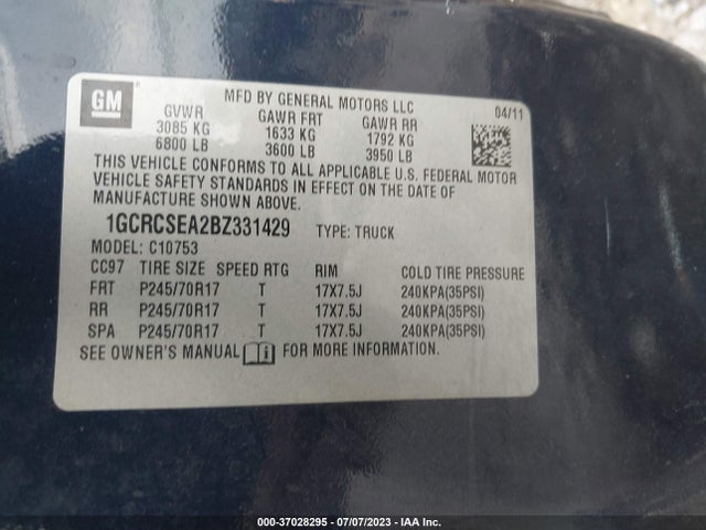 2011 CHEVROLET SILVERADO 1500 LT VIN: 1GCRCSEA2BZ331429
