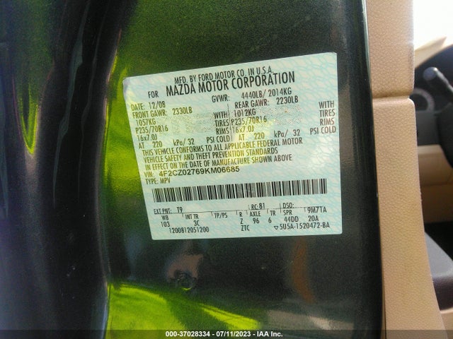 2009 MAZDA TRIBUTE SPORT VIN: 4F2CZ02769KM06685