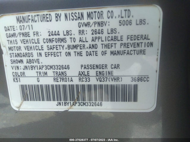 2012 INFINITI M37 VIN: JN1BY1AP3CM332646