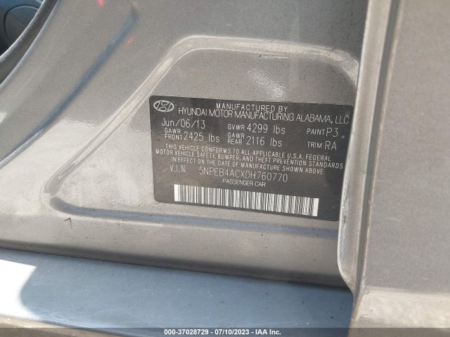 2013 HYUNDAI SONATA GLS VIN: 5NPEB4ACXDH760770