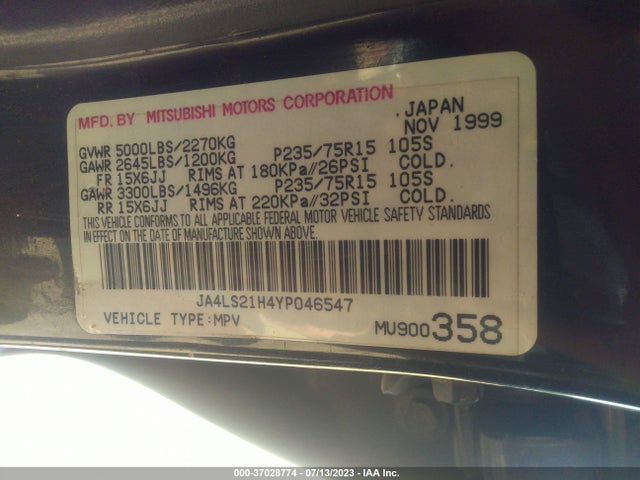 2000 MITSUBISHI MONTERO SPORT ES VIN: JA4LS21H4YP046547