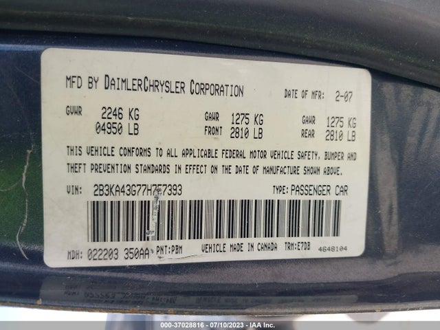 2007 DODGE CHARGER VIN: 2B3KA43G77H757393