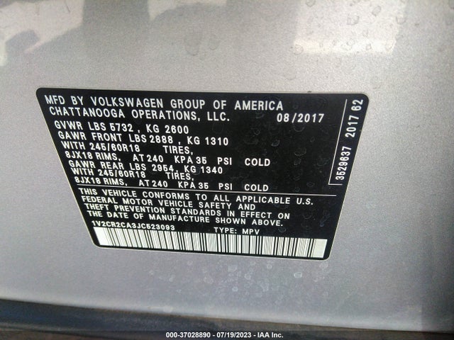 1V2CR2CA3JC523093 Volkswagen Atlas 3.6l V6 Se