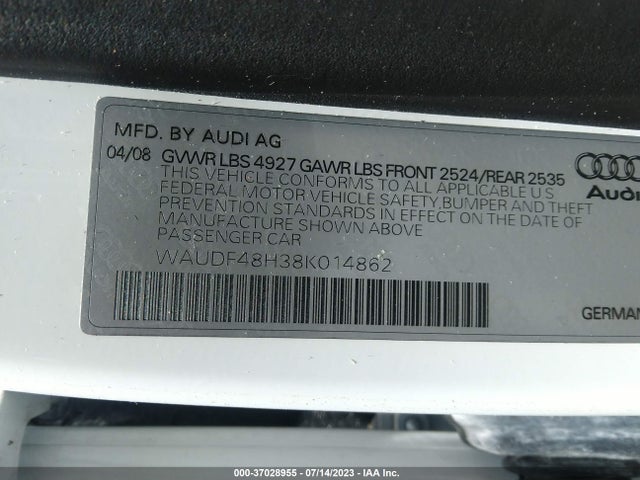 2008 AUDI A4 2.0T VIN: WAUDF48H38K014862