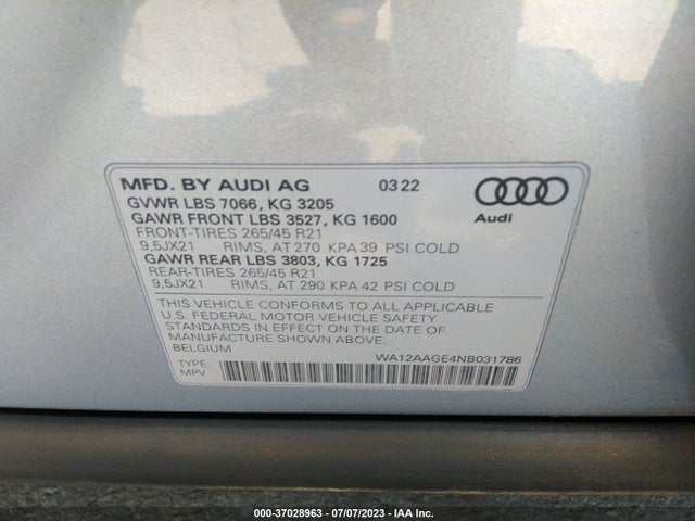 2022 Audi e-tron, VIN: WA12AAGE4NB031786