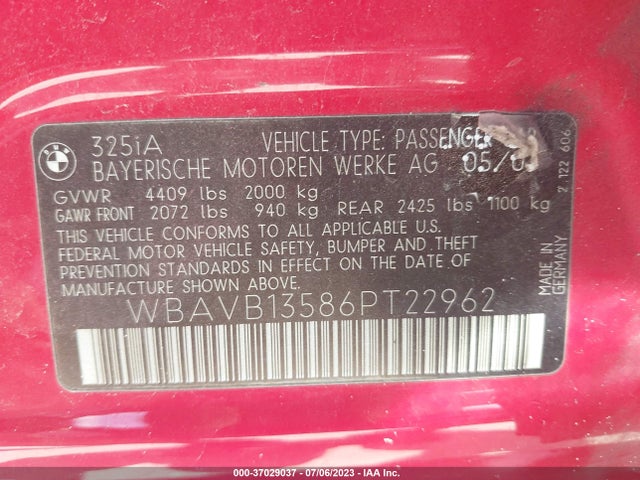2006 BMW 3 SERIES 325I VIN: WBAVB13586PT22962