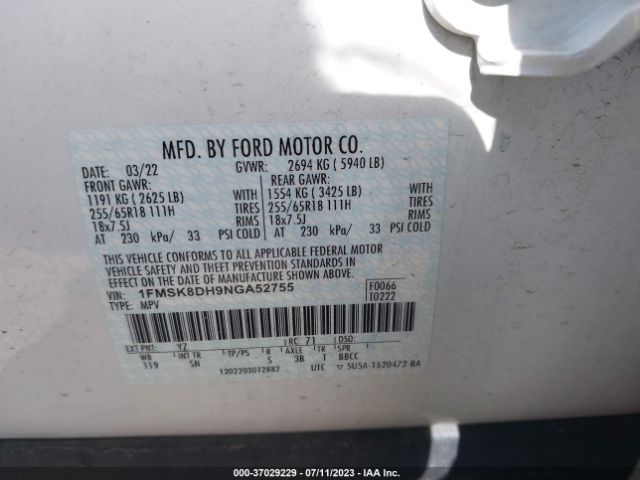 1FMSK8DH9NGA52755 Ford EXPLORER XLT