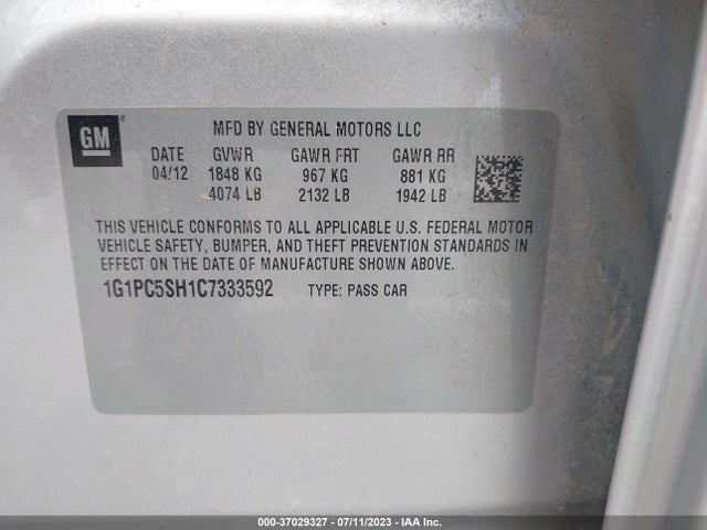 2012 CHEVROLET CRUZE LS VIN: 1G1PC5SH1C7333592