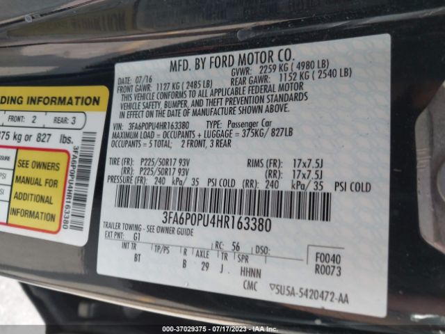 3FA6P0PU4HR163380 Ford Fusion Energi Se