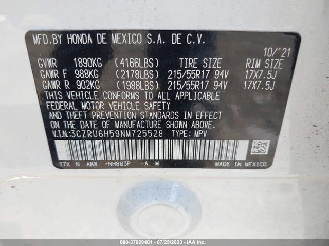 2022 HONDA HR-V EX VIN: 3CZRU6H59NM725528