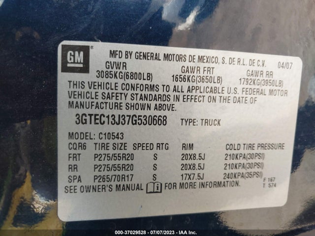 2007 GMC SIERRA 1500 SLE1 VIN: 3GTEC13J37G530668
