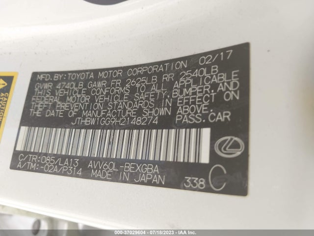 JTHBW1GG9H2148274 Lexus Es Es 300h