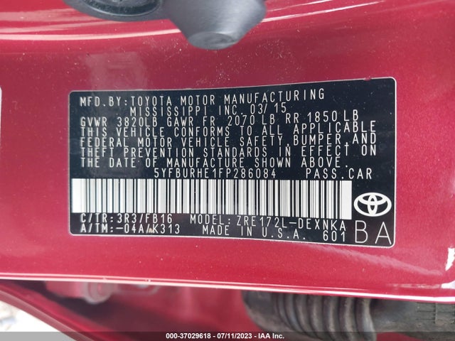 2015 TOYOTA COROLLA L/LE/S/S PLUS/LE PLUS VIN: 5YFBURHE1FP286084