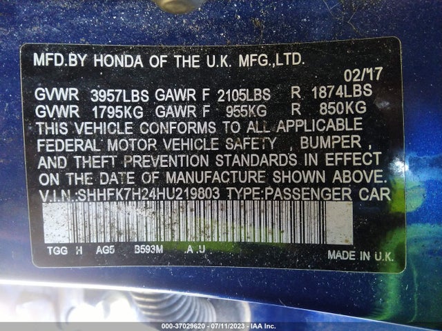 Honda Civic Hatchback Lx 2017 SHHFK7H24HU219803 Image 9