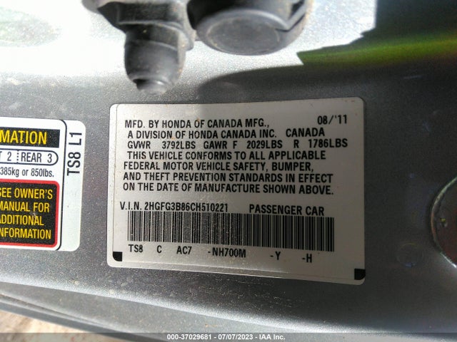 2012 HONDA CIVIC CPE EX VIN: 2HGFG3B86CH510221