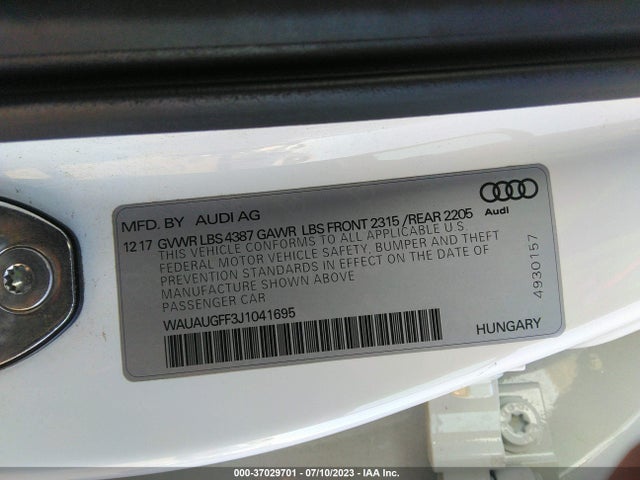 WAUAUGFF3J1041695 Audi A3 Sedan Premium/tech Premium