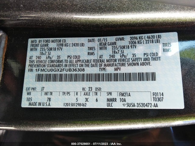 2015 FORD ESCAPE SE VIN: 1FMCU0GX2FUB36308