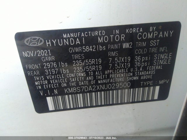 2022 Hyundai Santa Fe, VIN: KM8S7DA2XNU029500